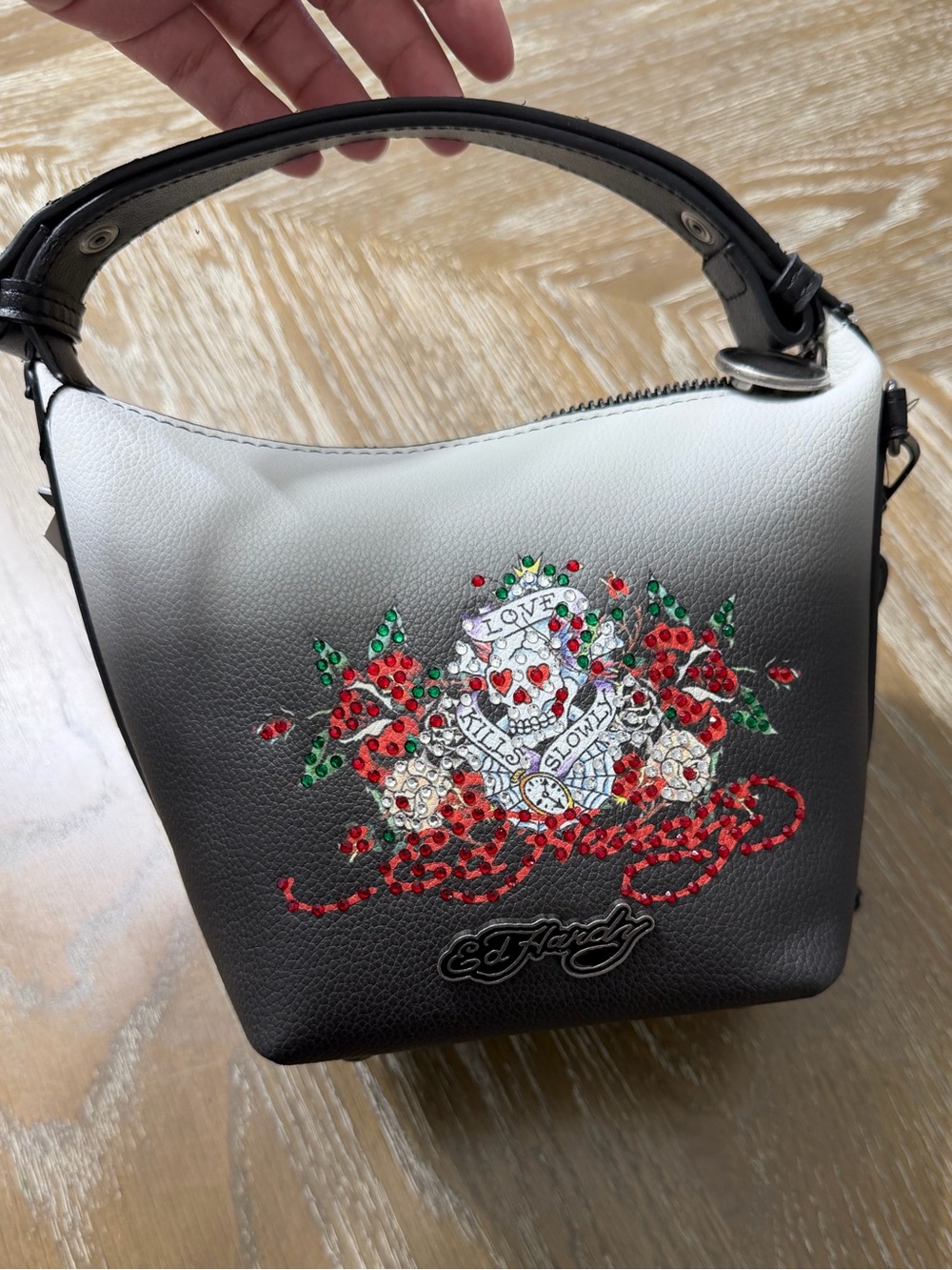 Ed Hardy Skull & Roses Rhinestone Shoulder Bag - Picture 2 of 4